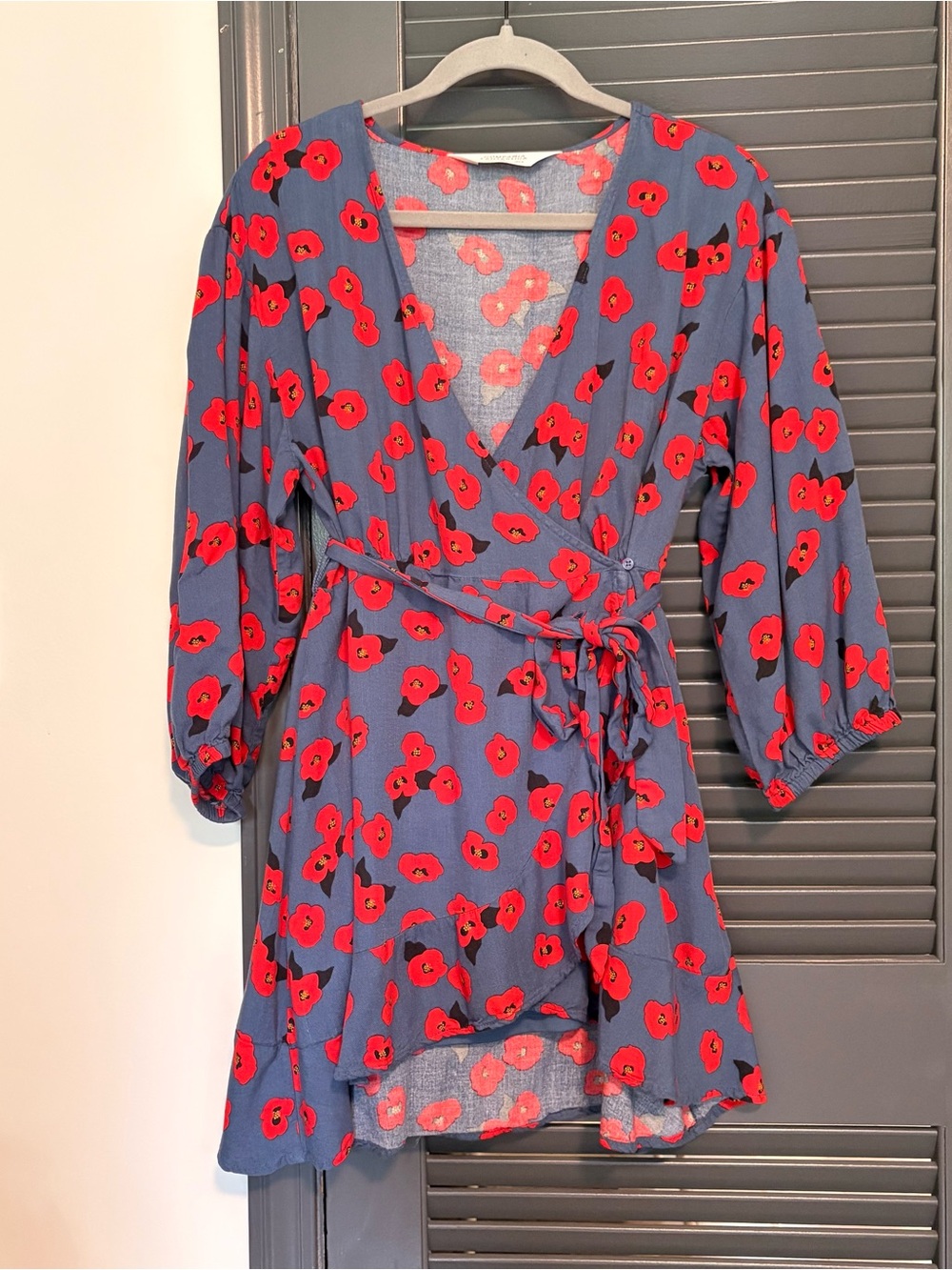 Wrap Mini Dress in Blue with Red Floral Print